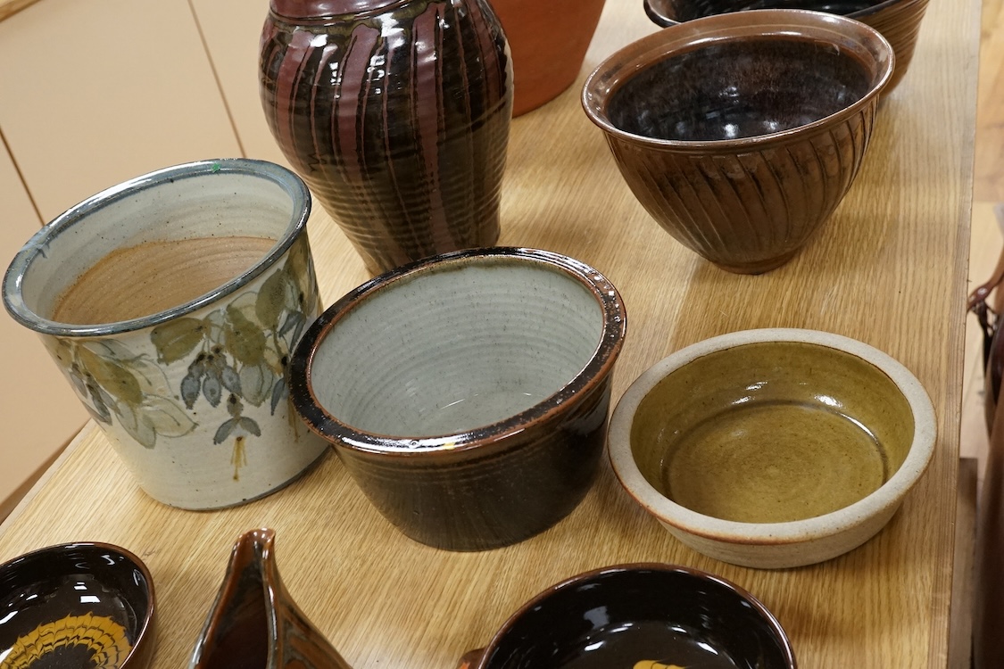 Muchelney and other studio pottery to include pots, a large vase and jug, largest 37cm high (10)